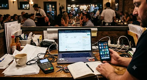 Dueño de restaurante gestionando múltiples apps y sistemas desconectados