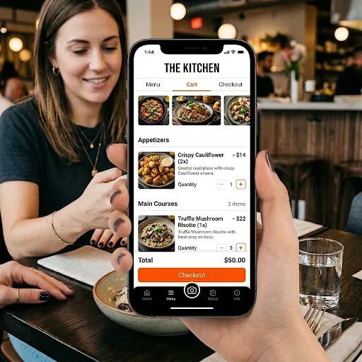 Clienta pidiendo comida desde la tienda online del restaurante en su celular