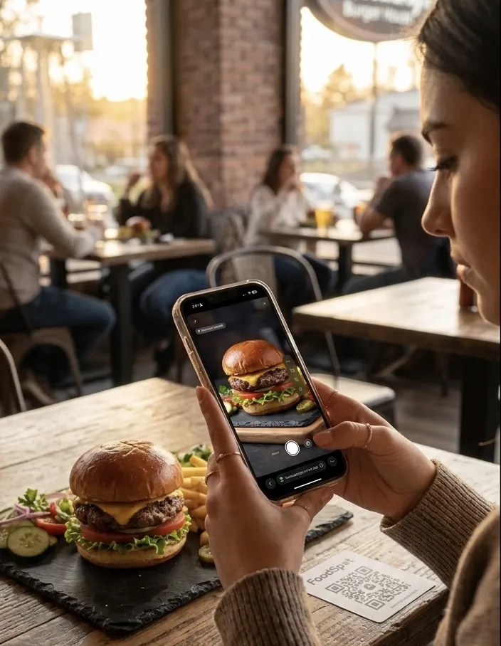 Cliente sacando una foto de su hamburguesa con la cámara del celular