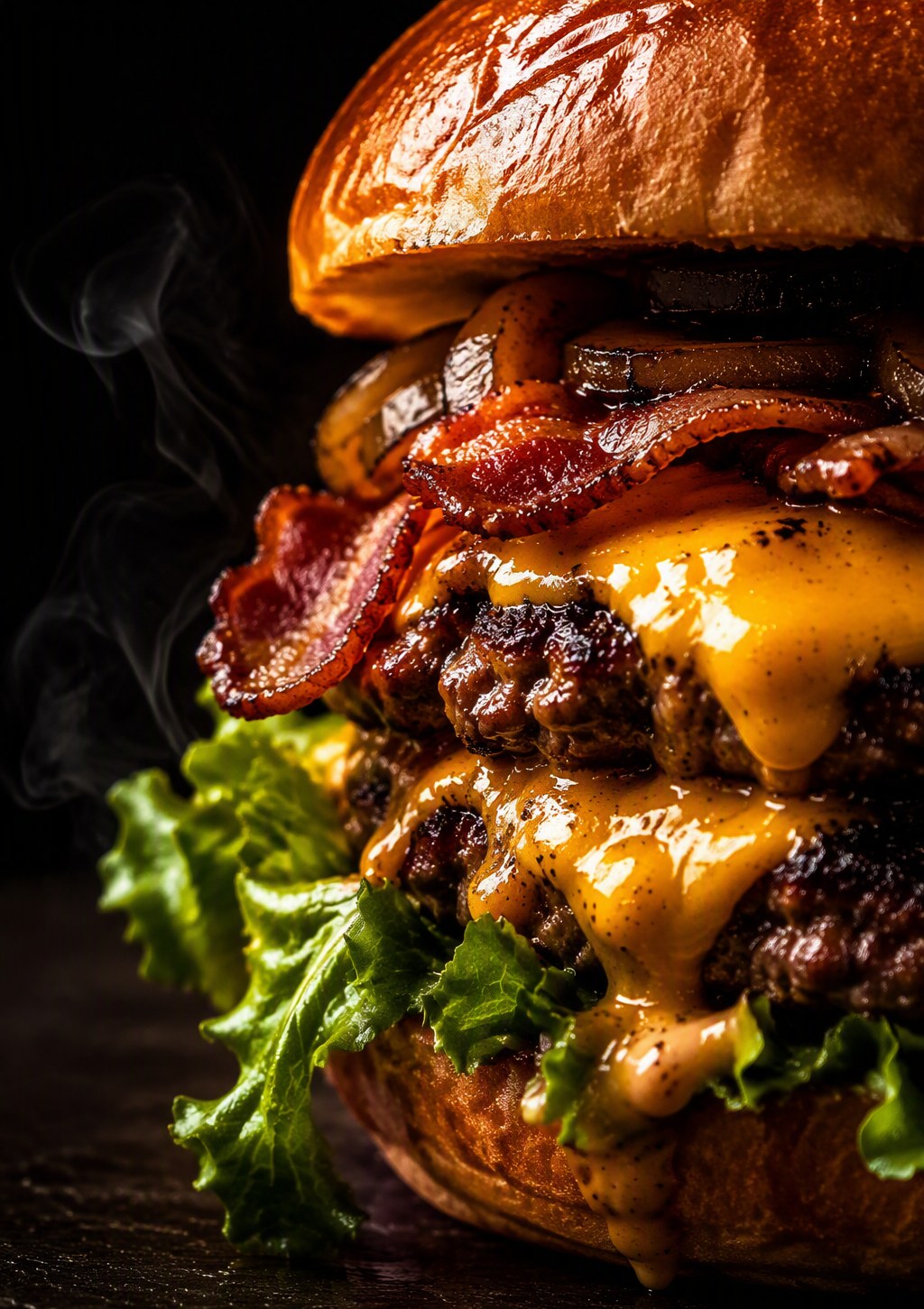 Smash burger con queso derretido y panceta