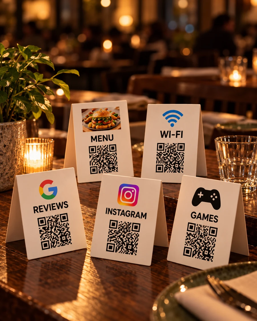 Five separate QR table cards for menu, Wi-Fi, reviews, Instagram and games crowding a restaurant table