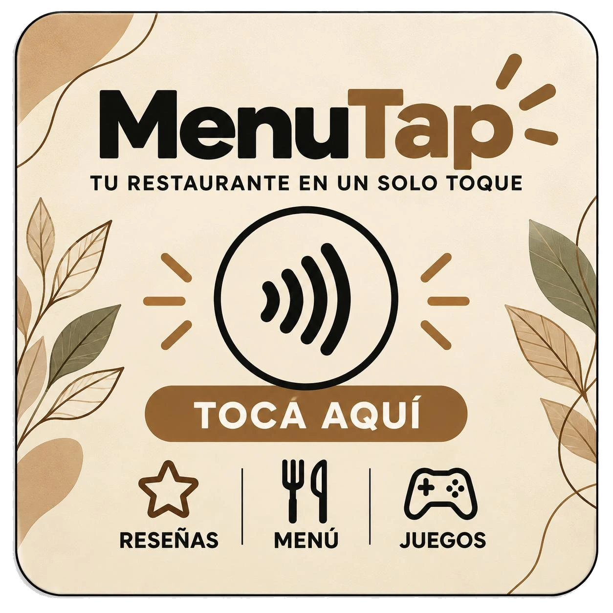 MenuTap square NFC stand face with Spanish tap instruction and reviews, menu, and games icons