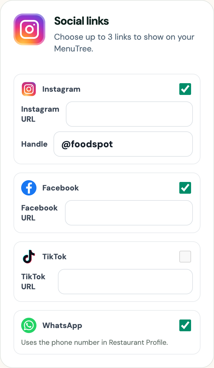 Actual social link settings: choose your social platforms and add the links you already use.