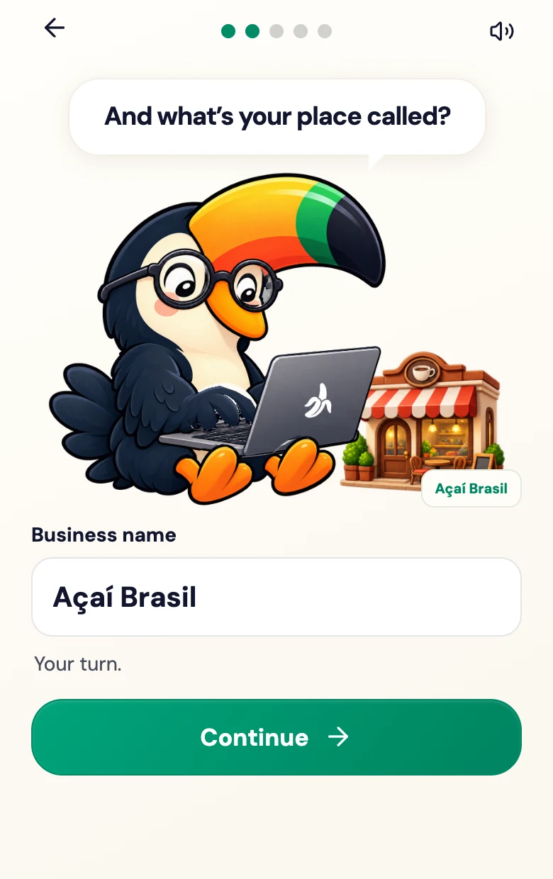 The real guided setup asks for your restaurant name, with our onboarding character helping you continue.