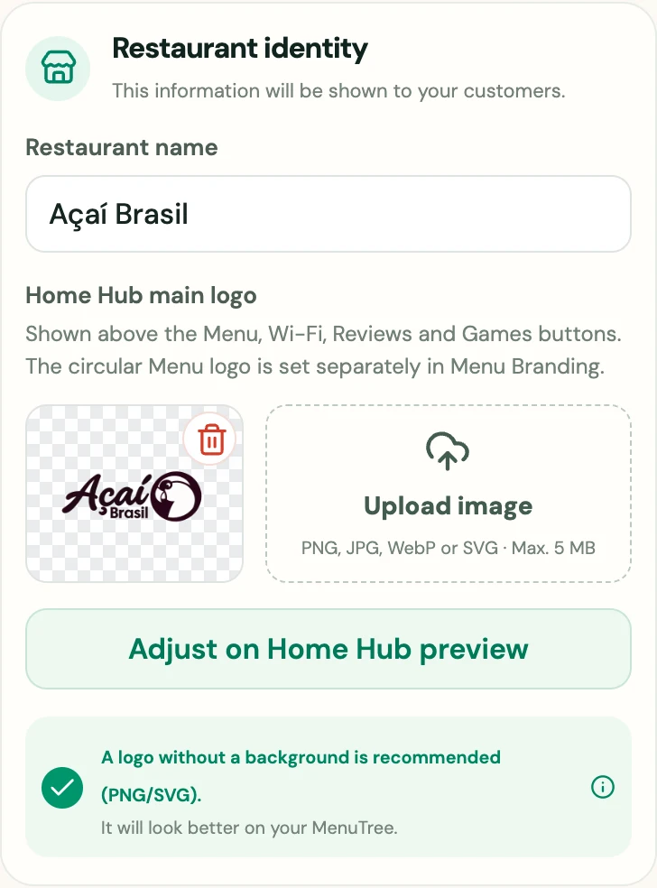 Our real restaurant profile controls for your business name and uploading your logo.