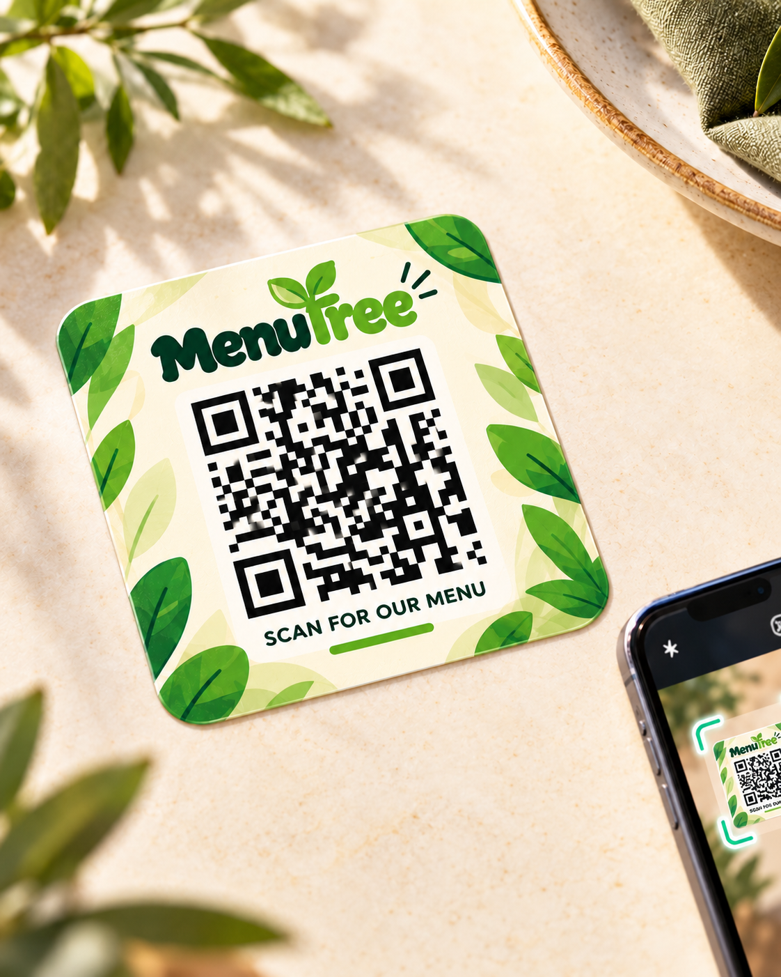A botanical MenuTree QR sticker lying flat on a table beside a phone scanning it.